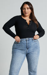 Tatem Bodysuit - Long Sleeve Button Front Bodysuit in Black