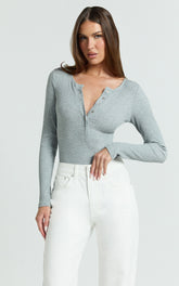 Tatem Bodysuit - Long Sleeve Button Front Bodysuit in Grey Marle