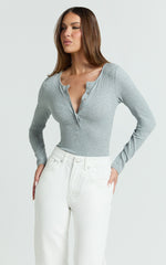 Tatem Bodysuit - Long Sleeve Button Front Bodysuit in Grey Marle