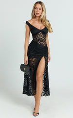 Tatum Midi Dress - Lace Off Shoulder Side Split Dress in Black