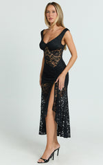 Tatum Midi Dress - Lace Off Shoulder Side Split Dress in Black