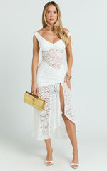 Tatum Midi Dress - Lace Off Shoulder Side Split Dress in Off White