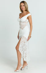 Tatum Midi Dress - Lace Off Shoulder Side Split Dress in Off White