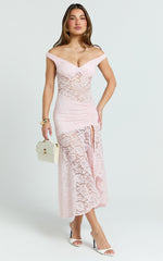 Tatum Midi Dress - Lace Off Shoulder Side Split Dress in Pink
