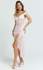 Tatum Midi Dress - Lace Off Shoulder Side Split Dress in Pink