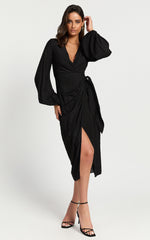 Taylor Midi Dress - Long Sleeve Wrap Dress in Black