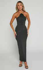 Teagan Midi Dress - Bodycon Ruched Asymmetric Strap Rosette Dress in Black