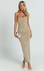 Terri Maxi Dress - Diamante Square Neck Bodycon Dress in Nude