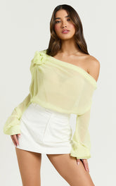 Terry Top - One Shoulder Rosette Detail Gathered Top in Citrus