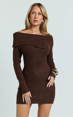 Tess Mini Dress - Asymmetric Off Shoulder Long Sleeve Knit Dress in Chocolate