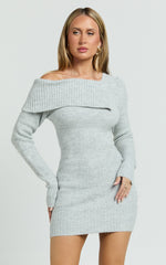 Tess Mini Dress - Asymmetric Off Shoulder Long Sleeve Knit Dress in Light Grey Marl