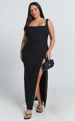 Tessa Maxi Dress - Square Neck Ruched Side Bodycon Dress in Black