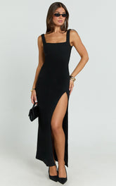 Tessa Maxi Dress - Square Neck Ruched Side Bodycon Dress in Black