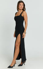 Tessa Maxi Dress - Square Neck Ruched Side Bodycon Dress in Black