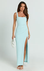 Tessa Maxi Dress - Square Neck Ruched Side Bodycon Dress in Light Blue