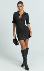 Tessie Mini Dress - Zip Front Collared Denim Mini Dress in Black