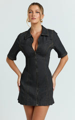 Tessie Mini Dress - Zip Front Collared Denim Mini Dress in Black