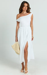 Theadore Midi Dress - Tip Shoulder Fit And Flare Dress in White