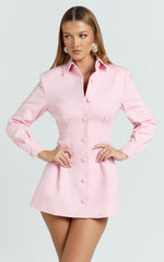 Thelma Mini Dress - Button Front Pleat Waist Tulip Skirt Shirtdress in Pink