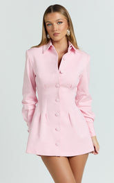 Thelma Mini Dress - Button Front Pleat Waist Tulip Skirt Shirtdress in Pink