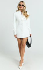 Thelma Mini Dress - Button Front Pleat Waist Tulip Skirt Shirtdress in White