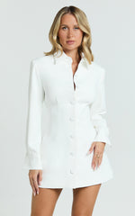 Thelma Mini Dress - Button Front Pleat Waist Tulip Skirt Shirtdress in White