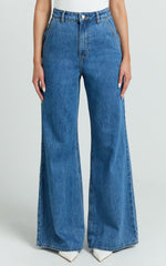 Therese Jeans - High Waist Wide Leg Flare Recycled Denim Jeans in Dark Blue Wash