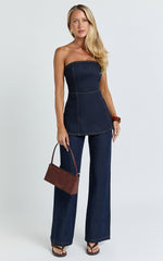 Emman Jeans - High Waisted Cotton Wide Leg Denim Jeans in Raw Denim with Tobacco Stitch