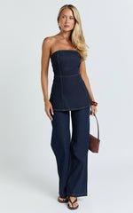 Emman Jeans - High Waisted Cotton Wide Leg Denim Jeans in Raw Denim with Tobacco Stitch