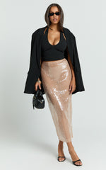 Tiffany Midi Skirt - Low Waisted Sheer Sequin Skirt in Nude Sequin