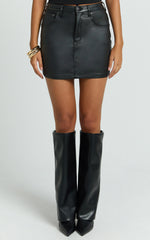 Tilly Mini Skirt - High Waist Coated Denim Skirt in Black Wash