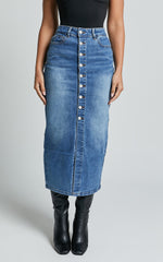 Tina Midi Skirt - High Waist Button Through Recycled Denim Skirt in Mid Blue Wash