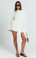 Tisdale Mini Dress - Wrap Skirt Fluffy Knit Jumper Dress in Cream