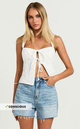 Tisdale Shorts - High Waist Frayed Hem Recycled Denim Mom Shorts in Mid Blue Wash