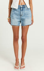 Tisdale Shorts - High Waist Frayed Hem Recycled Denim Mom Shorts in Mid Blue Wash