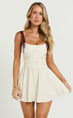 Tommy Mini Dress - Linen Ruched Bodice Laced Back Gathered Skirt Dress in Cream
