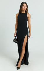 Tonya Maxi Dress - High Neck Cross Back Bodycon Dress in Black