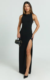 Tonya Maxi Dress - High Neck Cross Back Bodycon Dress in Black