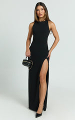Tonya Maxi Dress - High Neck Cross Back Bodycon Dress in Black