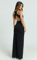 Tonya Maxi Dress - High Neck Cross Back Bodycon Dress in Black
