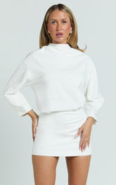 Tonya Mini Dress - High Neck Drop Shoulder Tulip Sleeve Top in White