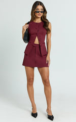 Torah Mini Skirt - Mid Waist Tailored A Line Skirt in Burgundy