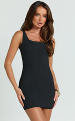 Tracey Mini Dress - Scoop Neck Bodycon Detailed Hem Dress in Black