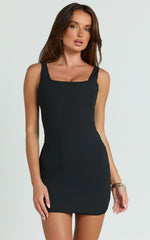 Tracey Mini Dress - Scoop Neck Bodycon Detailed Hem Dress in Black
