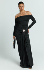 Trish Maxi Dress - Off Shoulder Hardware Trim Bodycon Dress in Black
