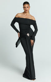 Trish Maxi Dress - Off Shoulder Hardware Trim Bodycon Dress in Black