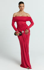 Trish Maxi Dress - Off Shoulder Hardware Trim Bodycon Dress in Cherry