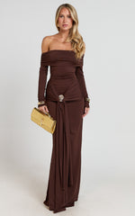 Trish Maxi Dress - Off Shoulder Hardware Trim Bodycon Dress in Chocolate