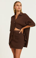 Tristan Mini Skirt - Crochet Knit Drawstring Skirt in Chocolate