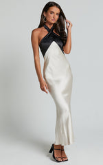 Trixie Midi Dress - Halter Neck Contrast Satin Slip Dress in Ivory